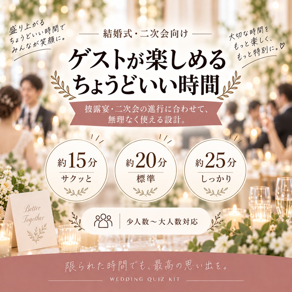 新郎新婦クイズ 完全運営キット|司会台本・回答用紙・集計表つき|結婚式・二次会 PDF+編集版