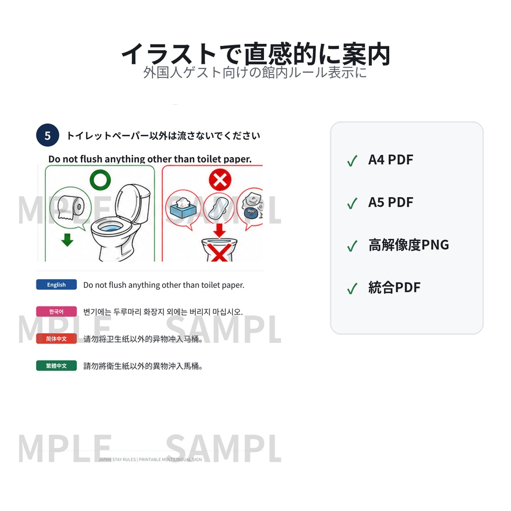 「民泊ですぐ使える|多言語ハウスルールサイン6点セット|英語・韓国語・中国語対応」