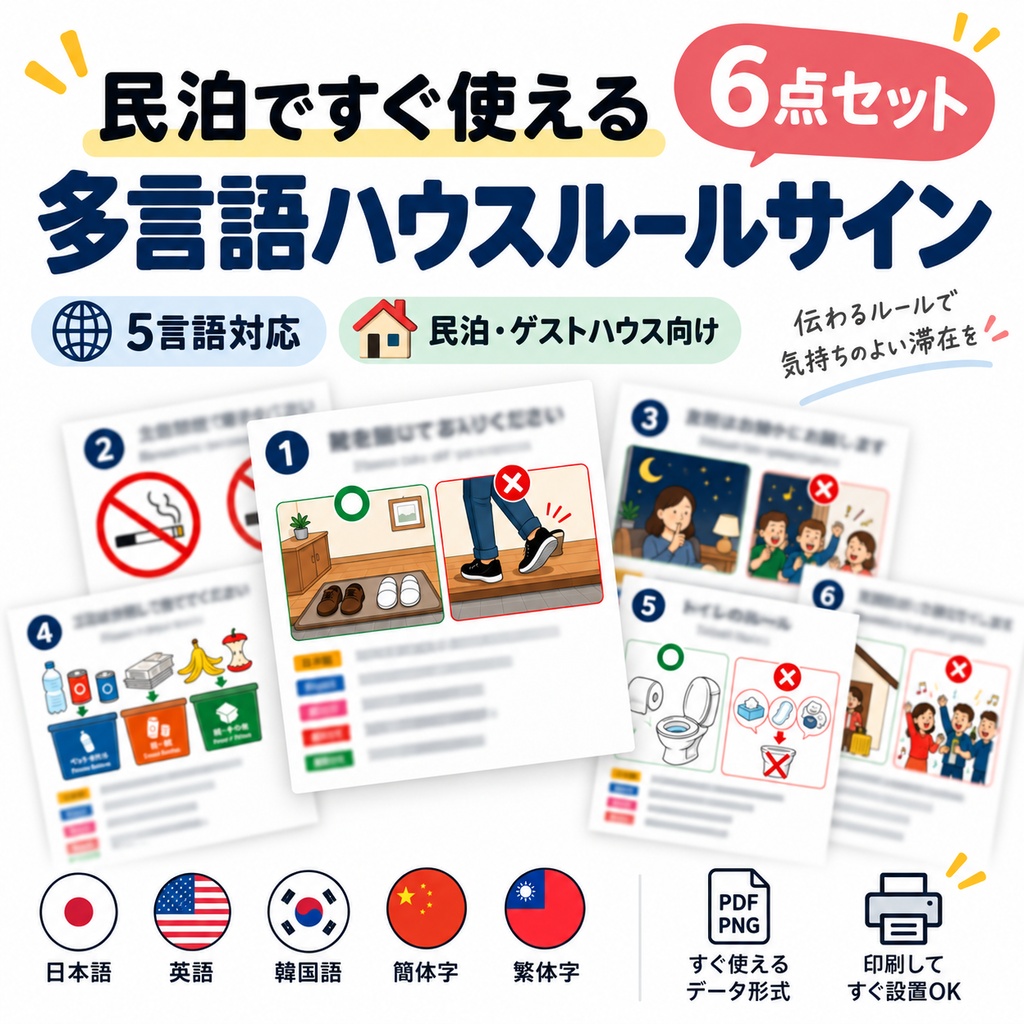 「民泊ですぐ使える|多言語ハウスルールサイン6点セット|英語・韓国語・中国語対応」