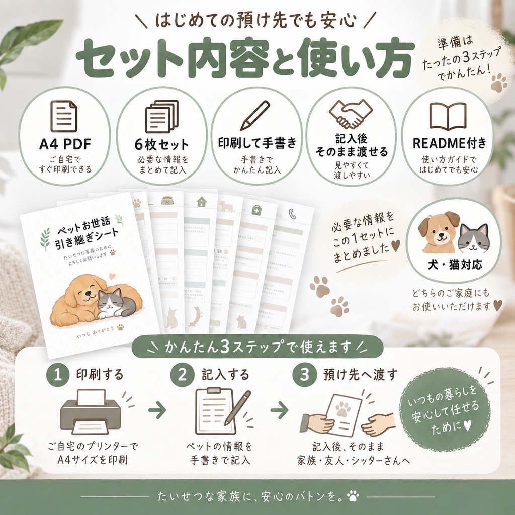 旅行・入院・お留守番に|ペットお世話引き継ぎシート 6枚セット|犬・猫対応 A4 PDF