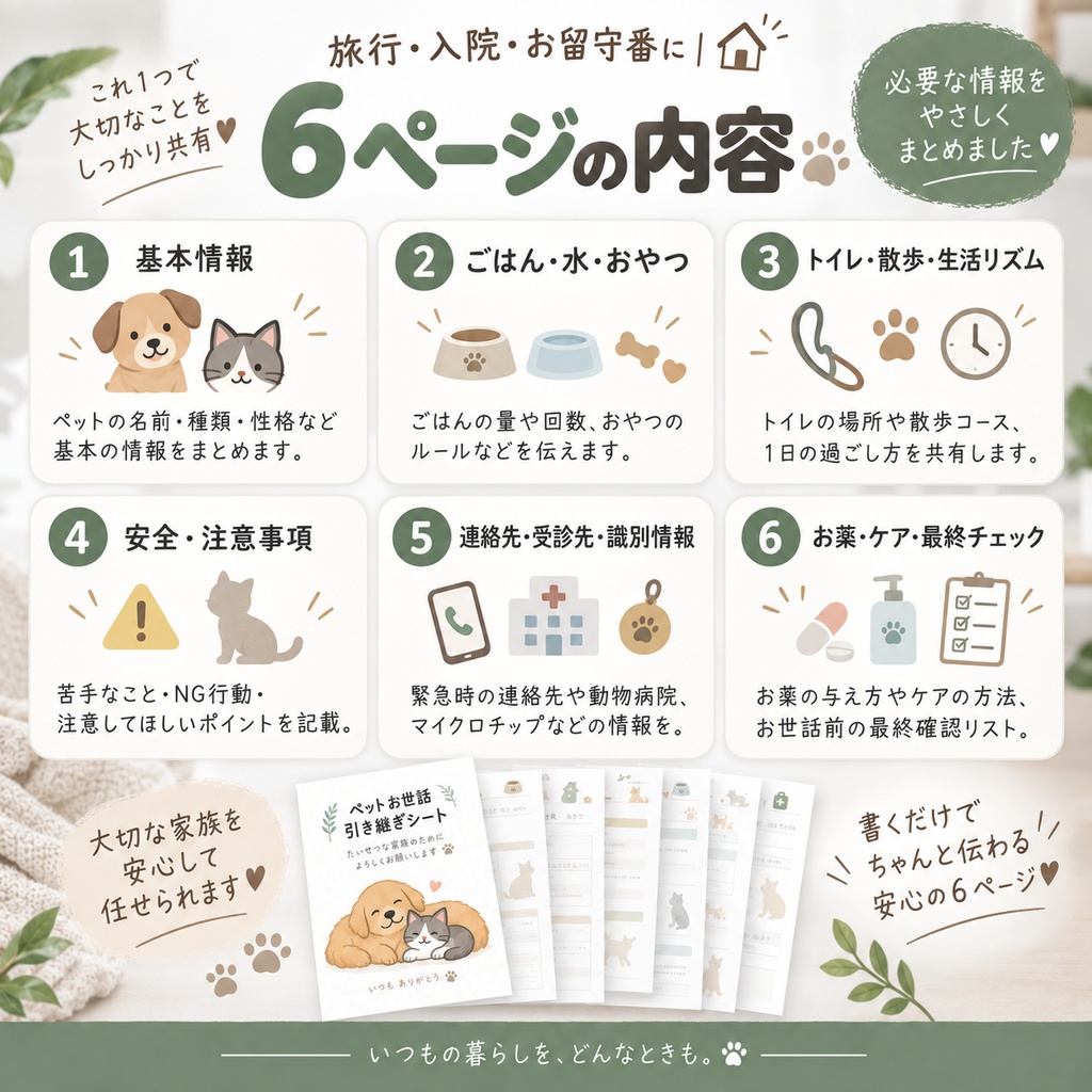 旅行・入院・お留守番に|ペットお世話引き継ぎシート 6枚セット|犬・猫対応 A4 PDF