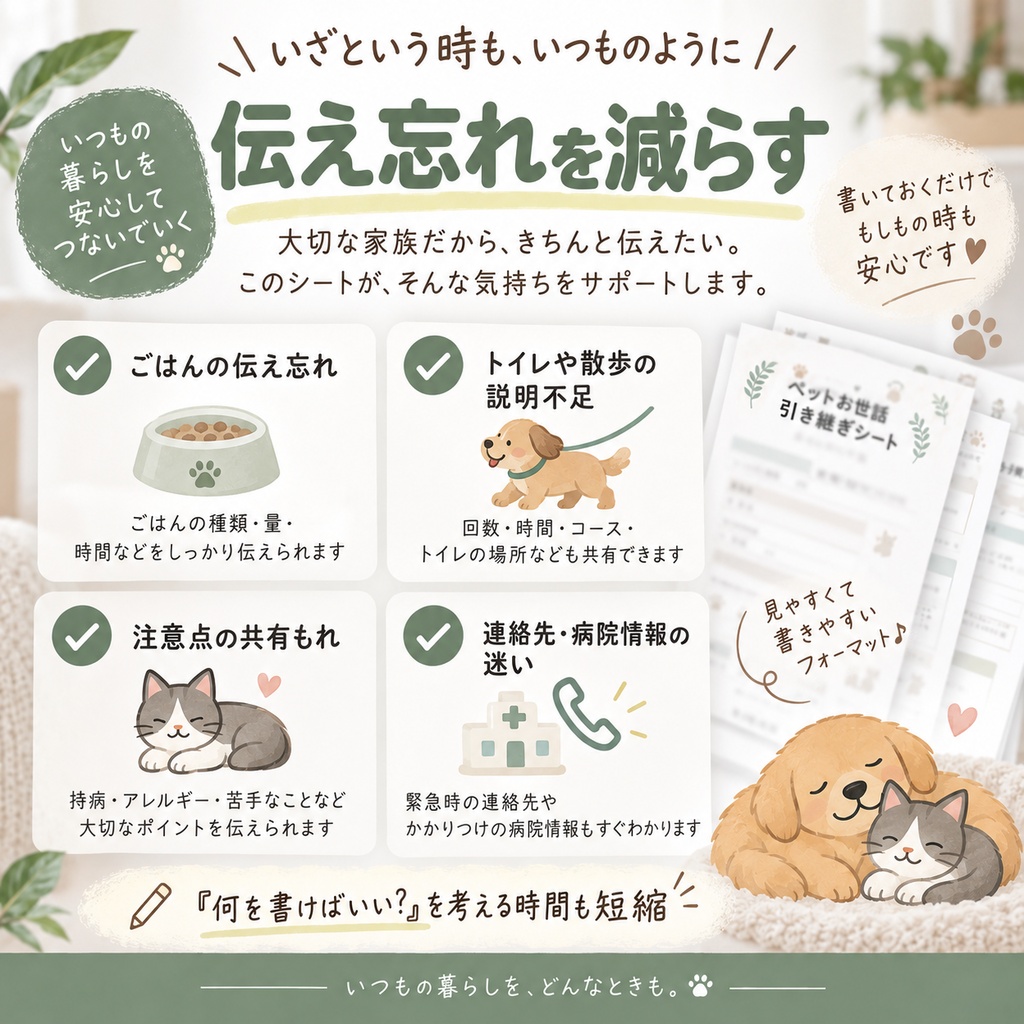 旅行・入院・お留守番に|ペットお世話引き継ぎシート 6枚セット|犬・猫対応 A4 PDF
