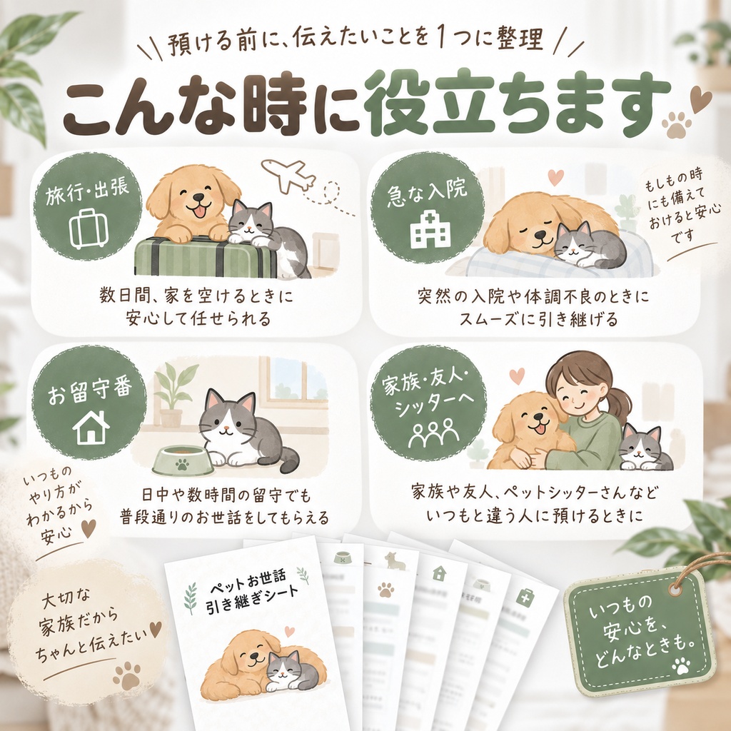 旅行・入院・お留守番に|ペットお世話引き継ぎシート 6枚セット|犬・猫対応 A4 PDF