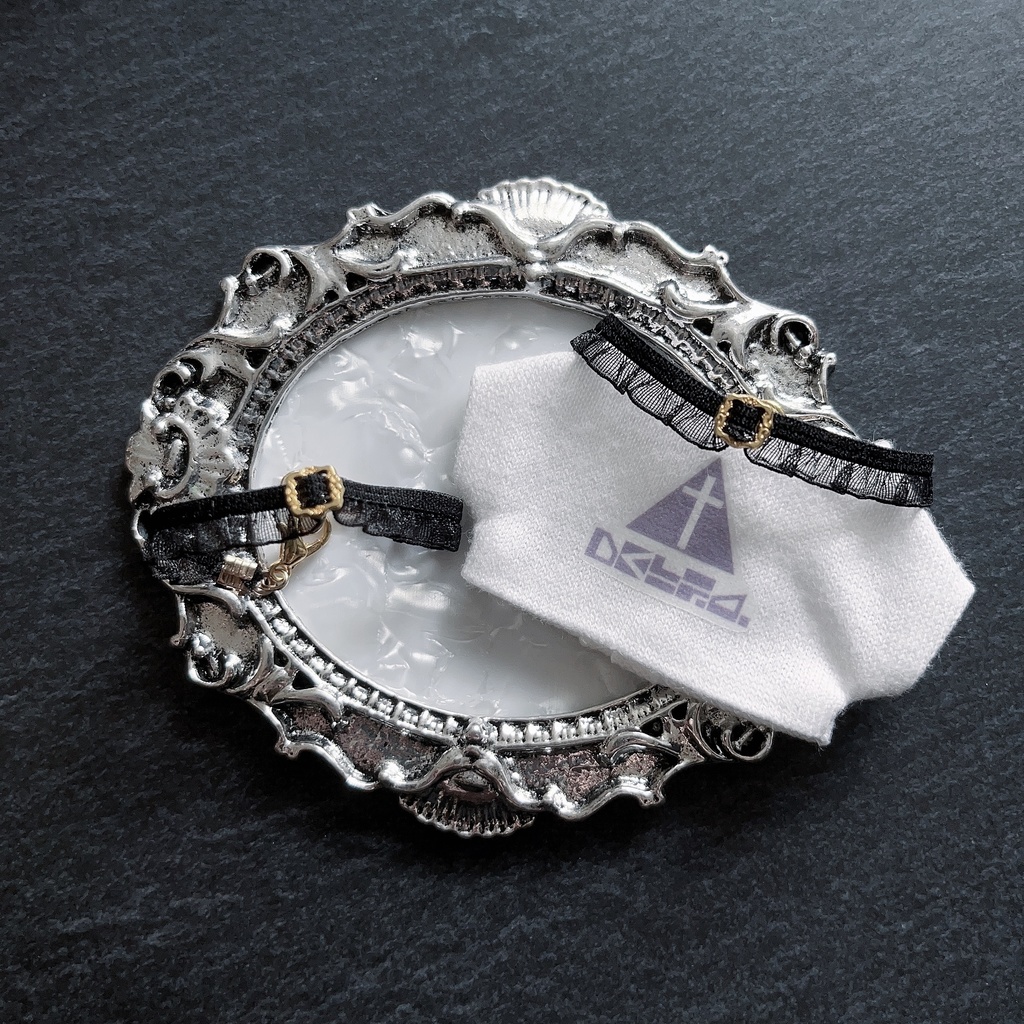 【10〜12cmぬい用】ふりるつきチョーカー/ブラック×ゴールド