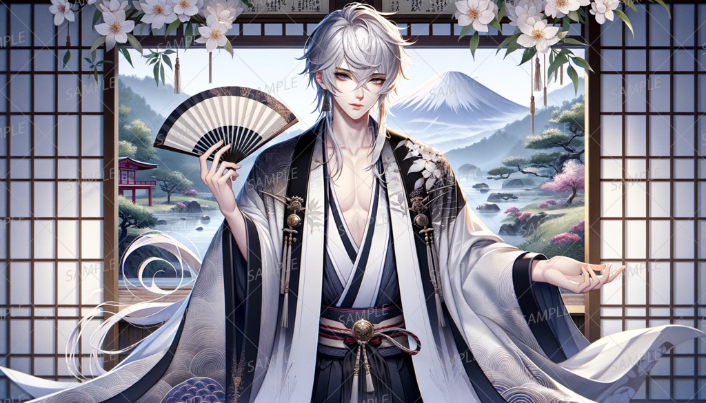 【和風】銀髪の和服を着た若い男性と日本庭園_背景
