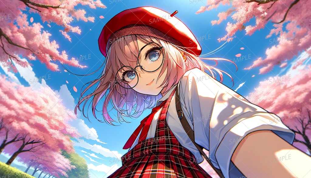 【一枚絵】赤いベレー帽のピンク髪の眼鏡少女と桜並木_背景