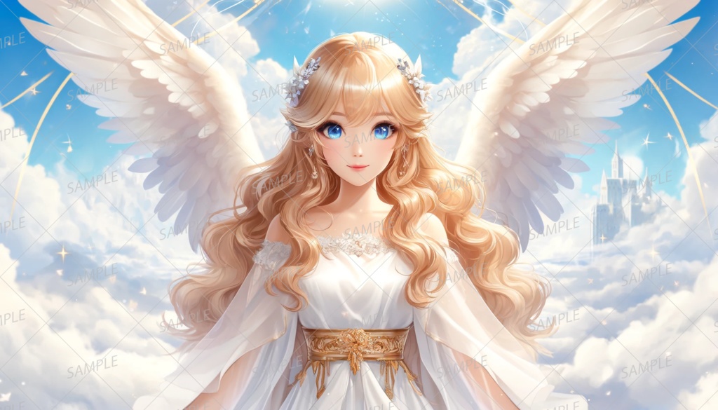 【ファンタジー】金色の美しい天使の女性と天界_背景