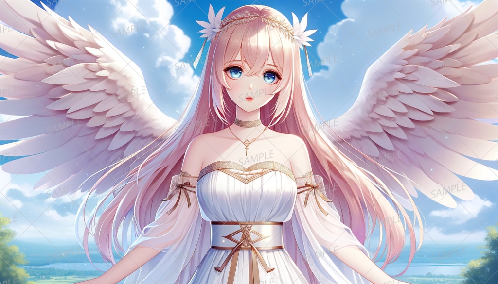 【ファンタジー】ピンク色の髪の美しい天使の女性と青空_背景