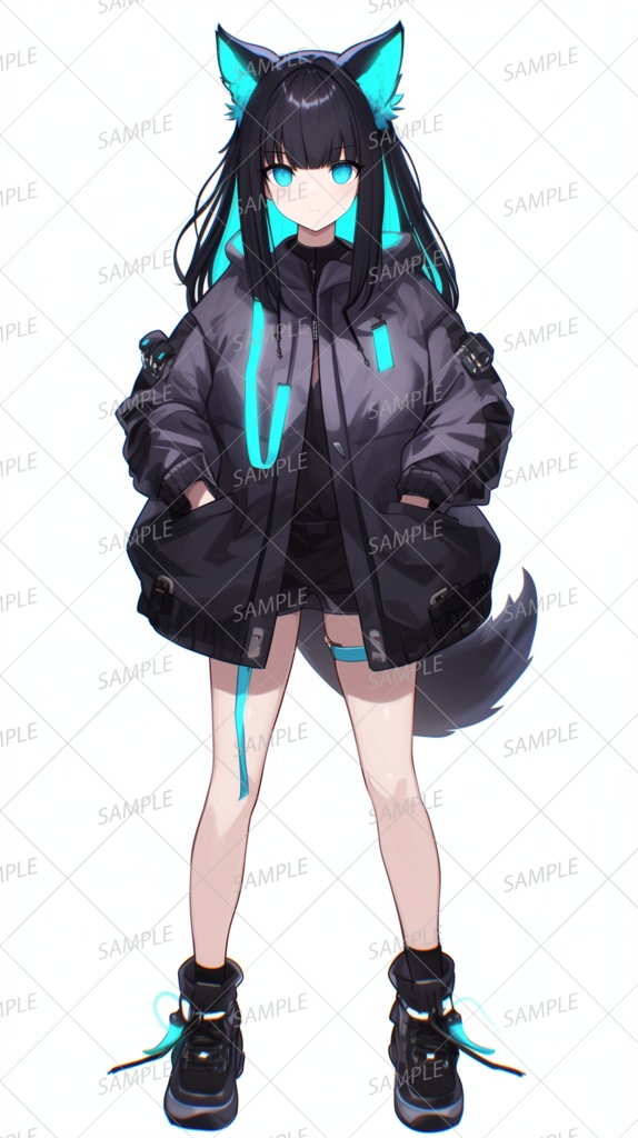 【獣人】サイバーな黒髪ケモ耳少女_立ち絵