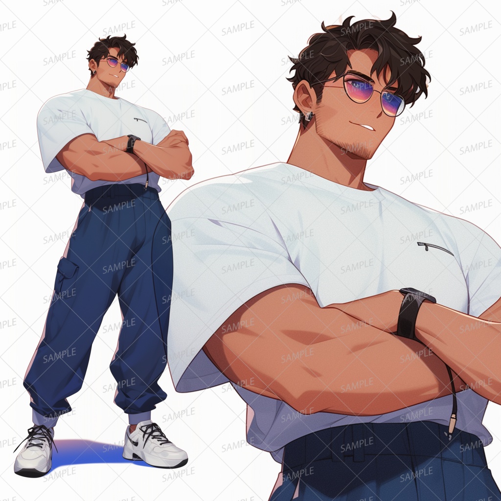【私服】サングラスをかけたハンサムな筋肉質の男性_立ち絵