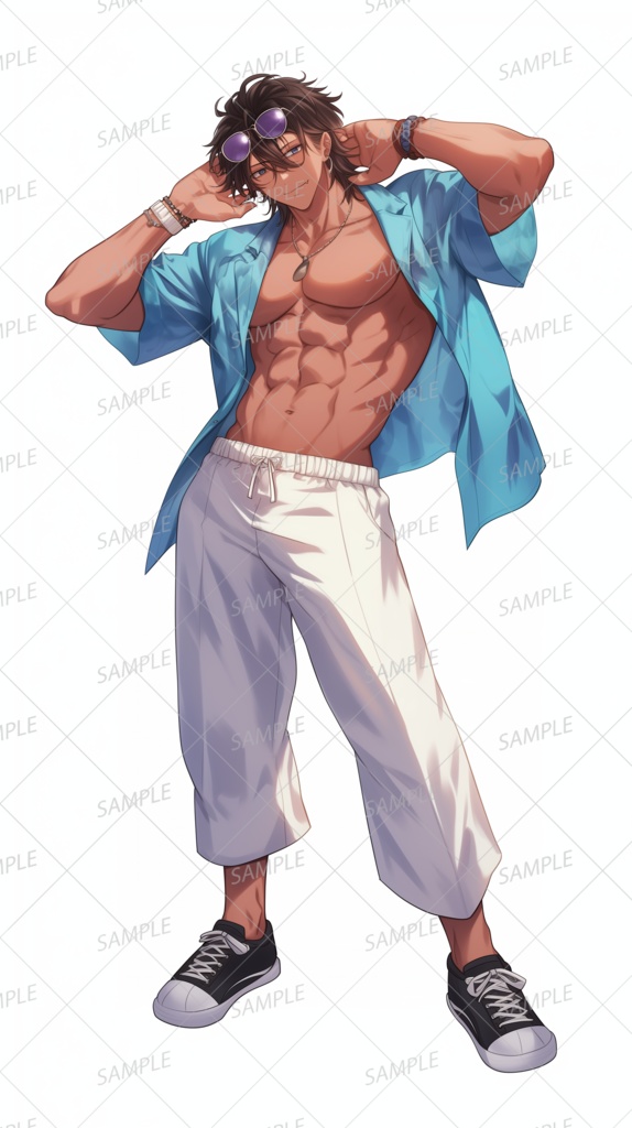 【私服】筋肉質なオープンシャツの男性_立ち絵