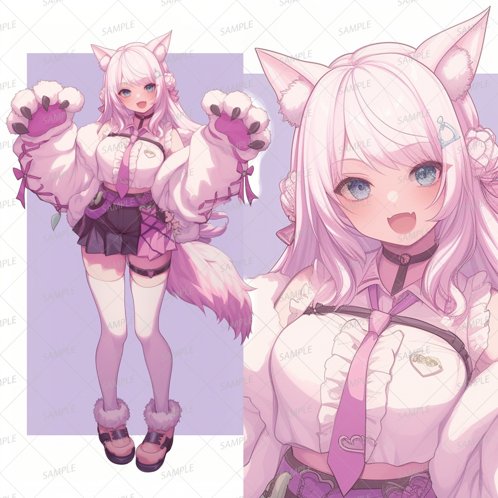 【獣人】ネコポーズのピンク髪の少女_立ち絵