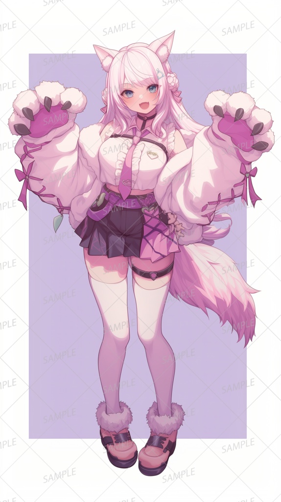 【獣人】ネコポーズのピンク髪の少女_立ち絵