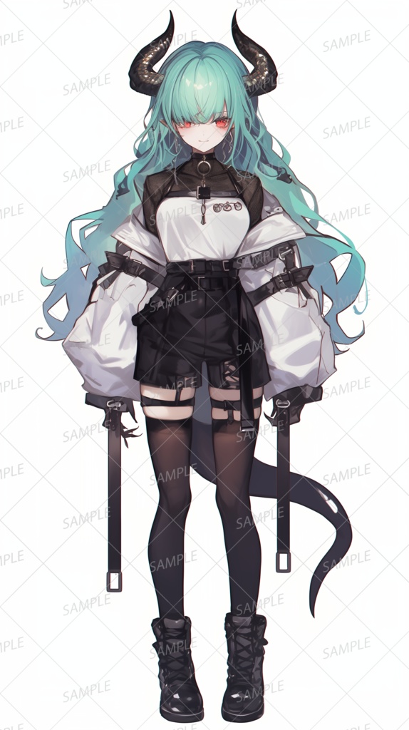 【獣人】綺麗なアクアブルーの髪色の悪魔の目隠れ少女_立ち絵