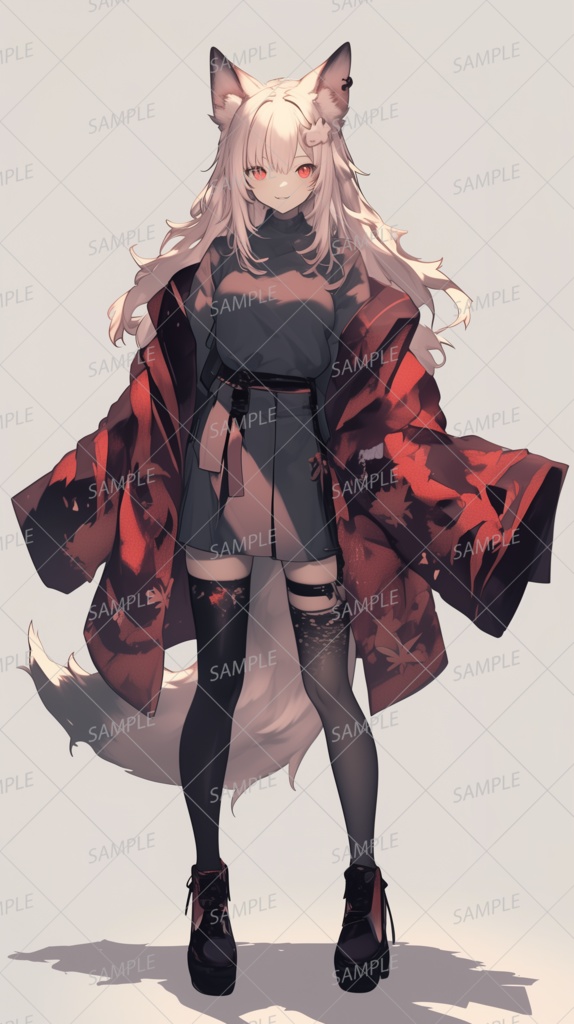 【獣人】赤い和服をまとったケモ耳少女_立ち絵