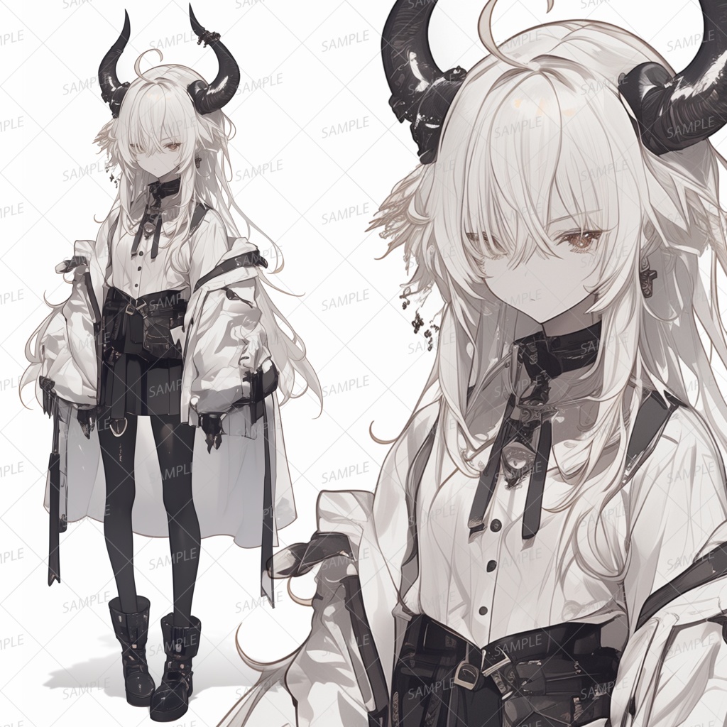 【獣人】角の生えた白髪のボーイッシュな悪魔の少女_立ち絵