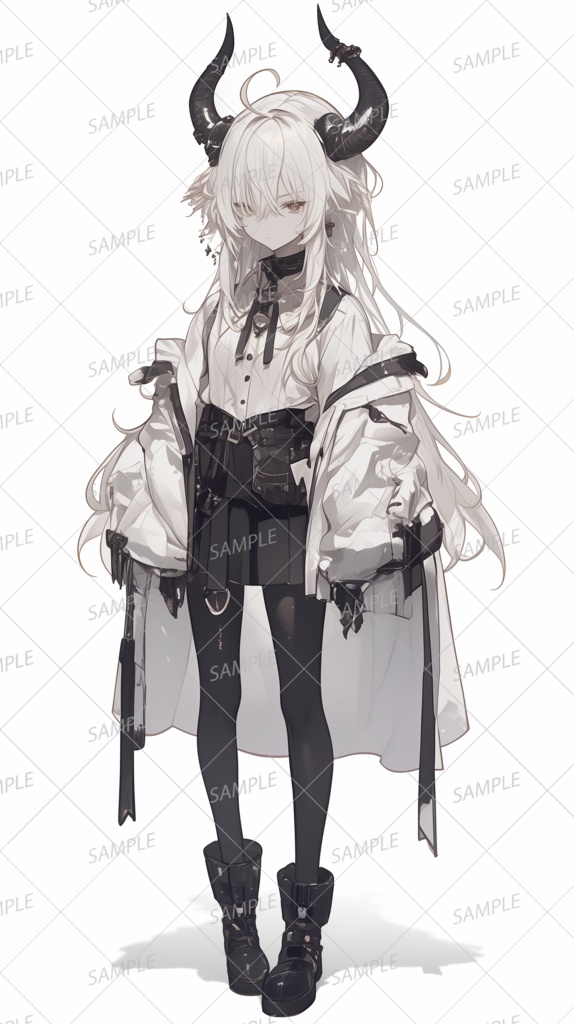 【獣人】角の生えた白髪のボーイッシュな悪魔の少女_立ち絵
