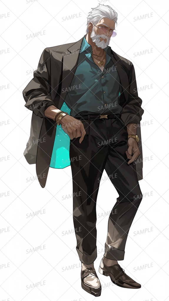 【ファンタジー】黒ジャケットに深いグリーンのシャツを着た白髪の紳士_立ち絵