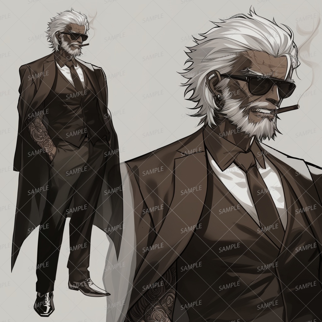 【ファンタジー】サングラスをかけた黒スーツの老人のボス_立ち絵