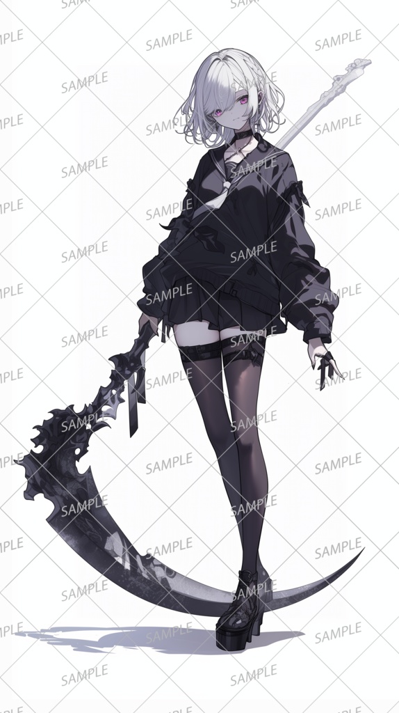 【ハロウィン】制服を着て大きな鎌を持った白髪の少女_立ち絵