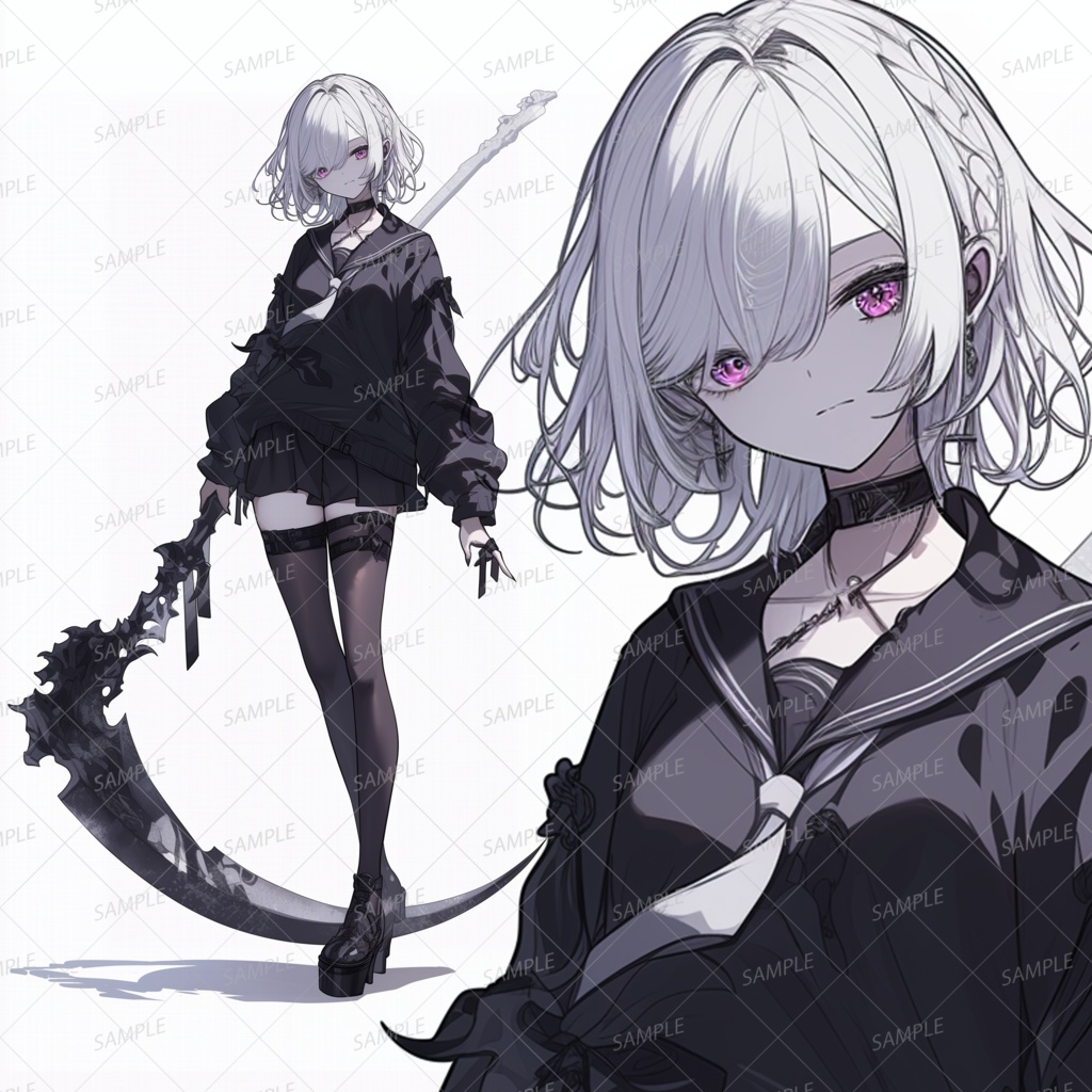 【ハロウィン】制服を着て大きな鎌を持った白髪の少女_立ち絵