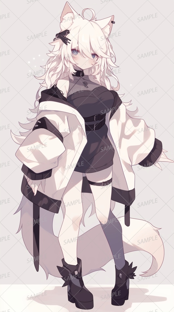 【獣人】白黒の服の白髪のケモ耳少女_立ち絵