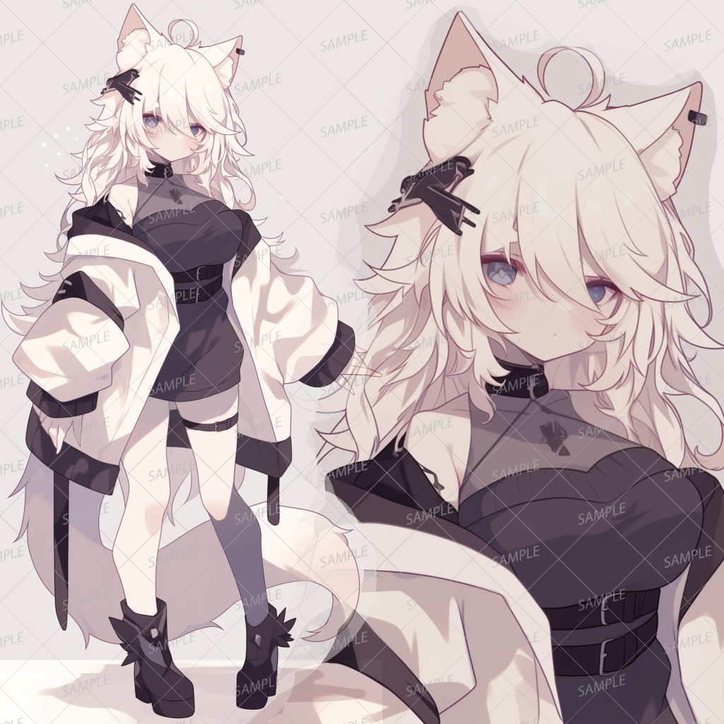 【獣人】白黒の服の白髪のケモ耳少女_立ち絵