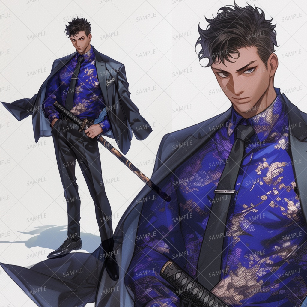 【ファンタジー】青い模様シャツとスーツ姿の刀を持った男性_立ち絵