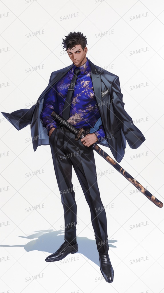【ファンタジー】青い模様シャツとスーツ姿の刀を持った男性_立ち絵