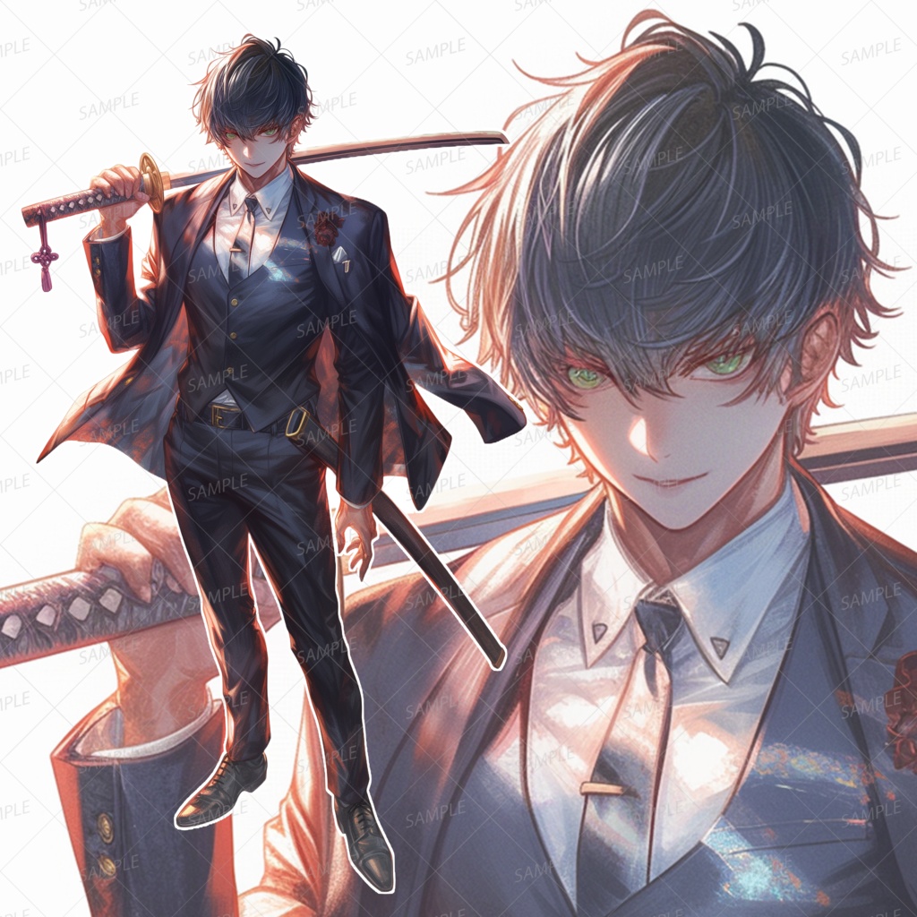 【ファンタジー】スーツ姿で刀を持つ黒髪イケメン_立ち絵