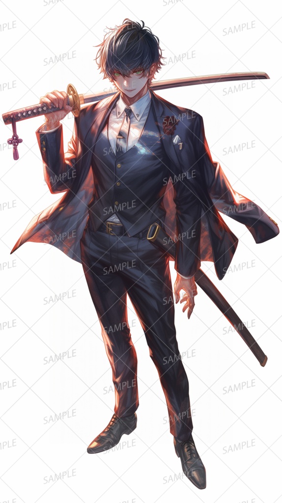 【ファンタジー】スーツ姿で刀を持つ黒髪イケメン_立ち絵