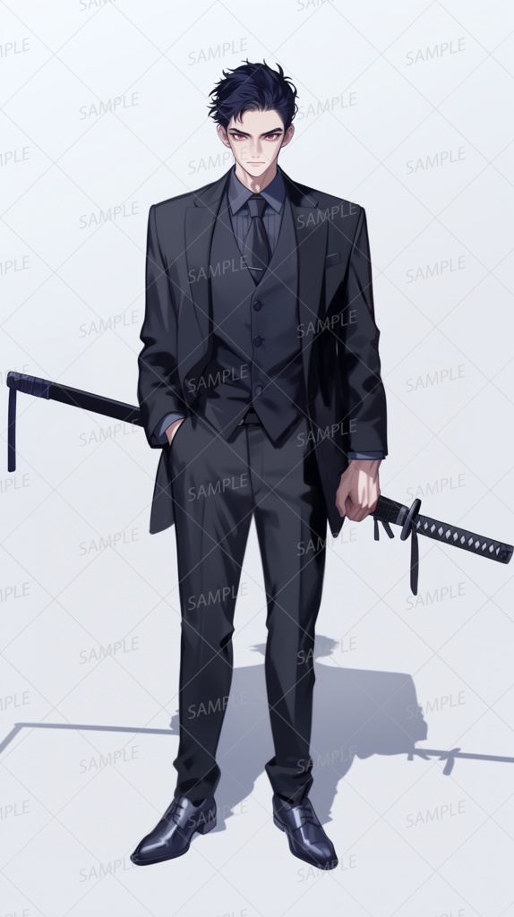 【ファンタジー】刀を携える黒い短髪赤眼のスーツの男性_立ち絵