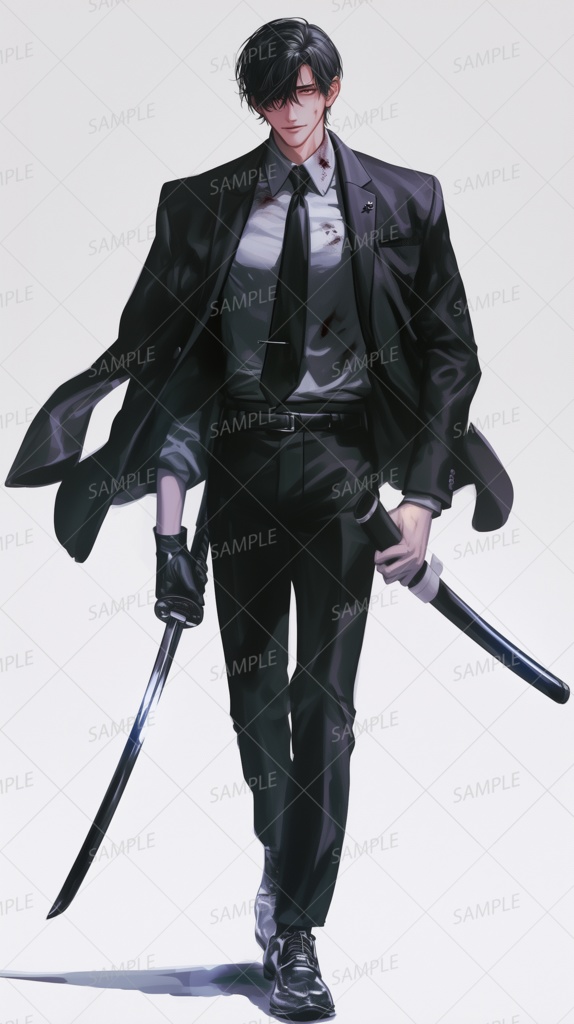 【ファンタジー】カタナを抜いた片目隠れのスーツの黒髪男子_立ち絵