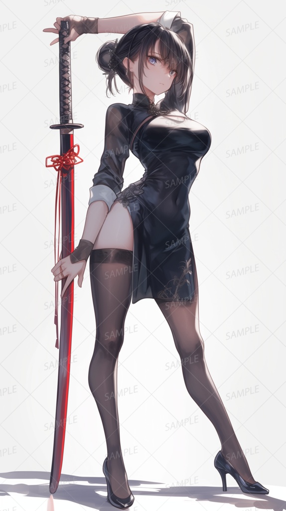 【ファンタジー】太刀を持った黒のチャイナドレスの黒髪少女_立ち絵