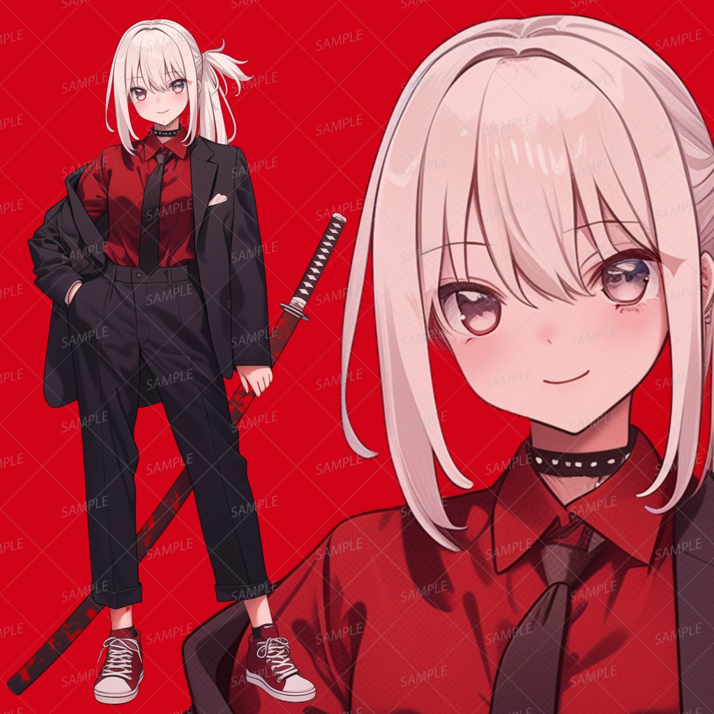 【ファンタジー】スーツを着たサイドテールの刀を持つ少女_立ち絵