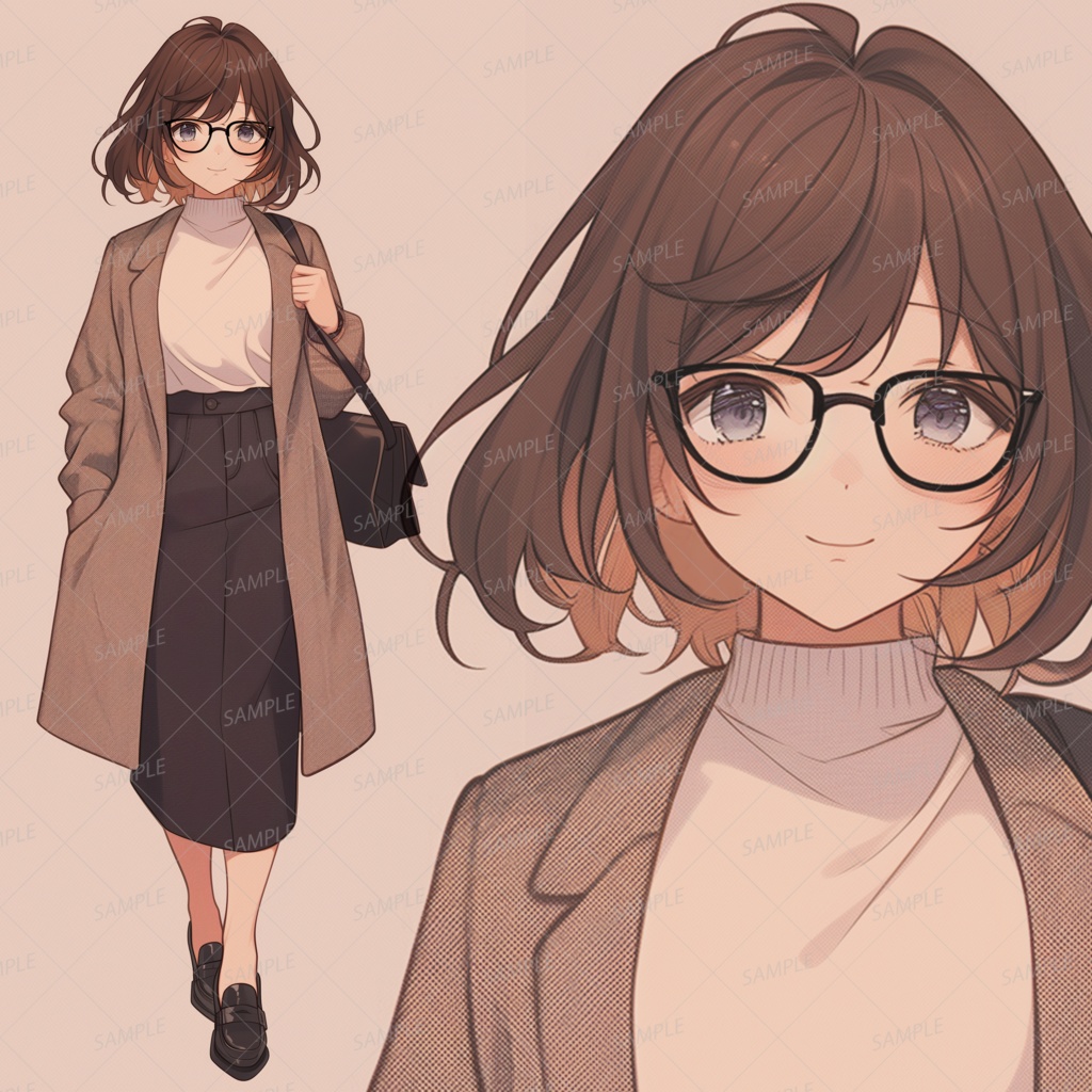  【私服】茶色ボブヘアの秋冬ファッションのメガネ女性_立ち絵