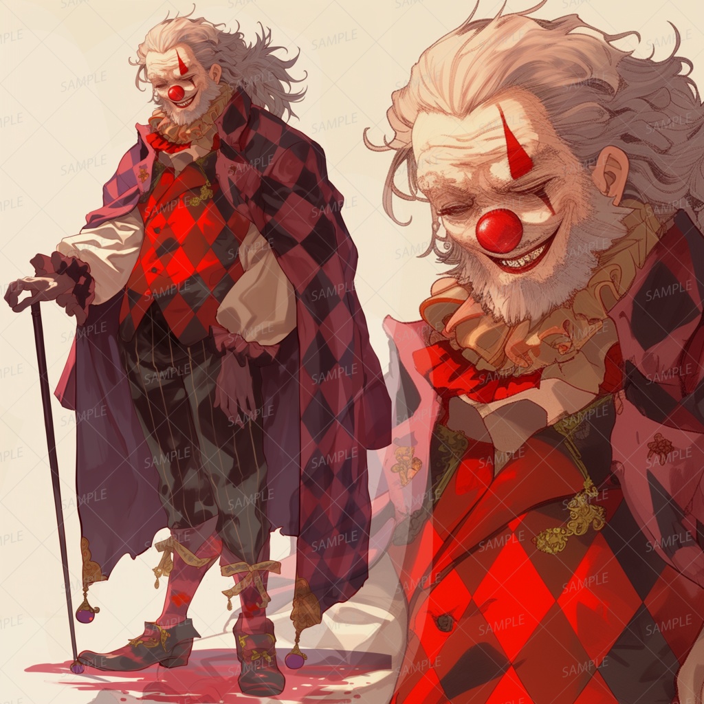 【ファンタジー】杖をついた老人ピエロ_立ち絵