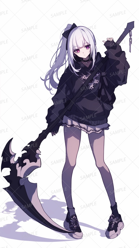 【ファンタジー】鎌を持ったポニーテールの白髪少女_立ち絵