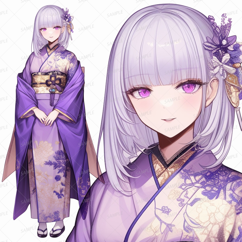 【お正月】紫色の着物の白髪少女_立ち絵