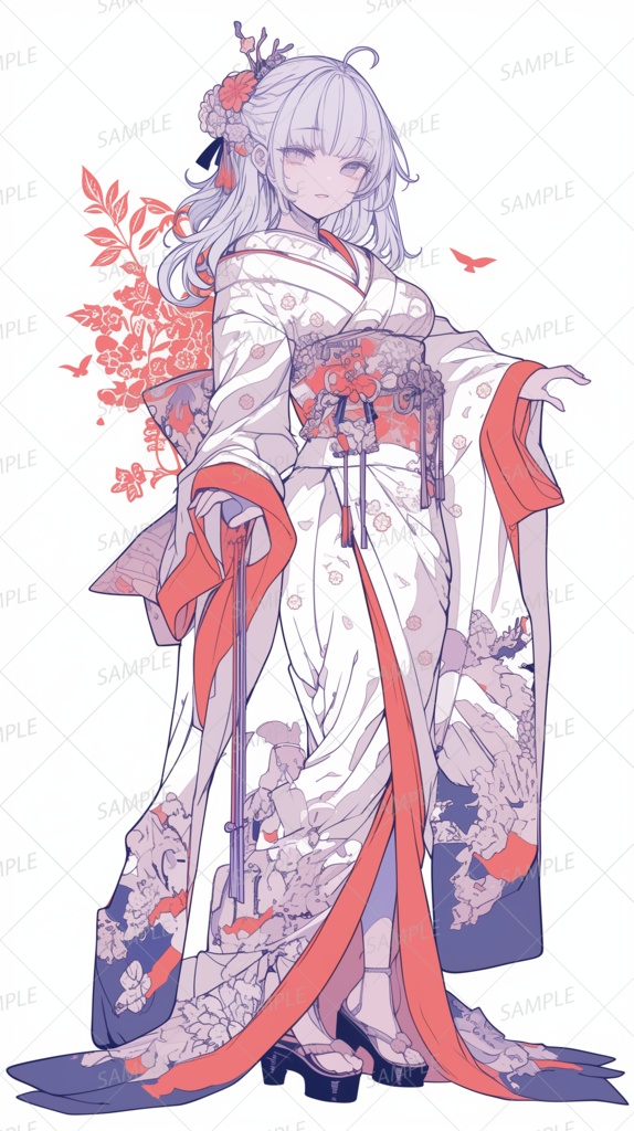 【お正月】優美な白い振袖姿の白髪少女_立ち絵