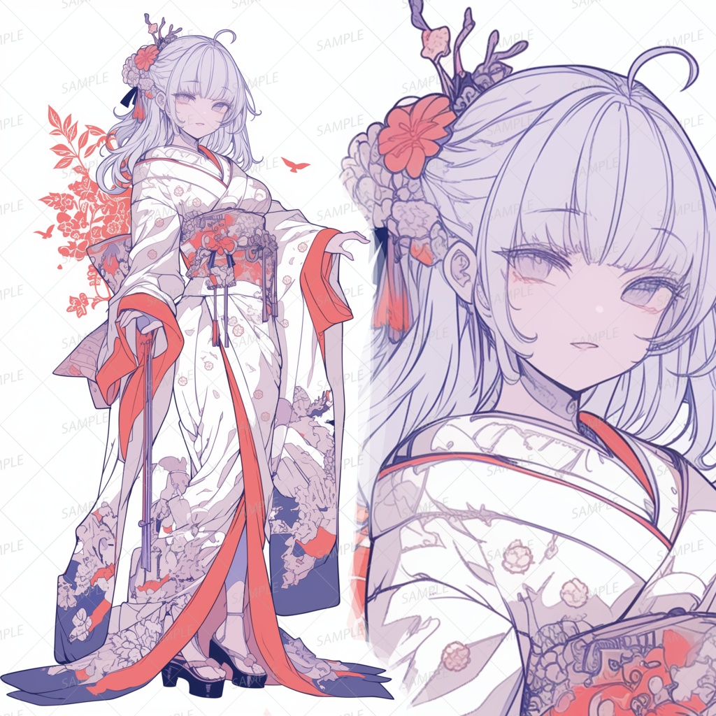 【お正月】優美な白い振袖姿の白髪少女_立ち絵
