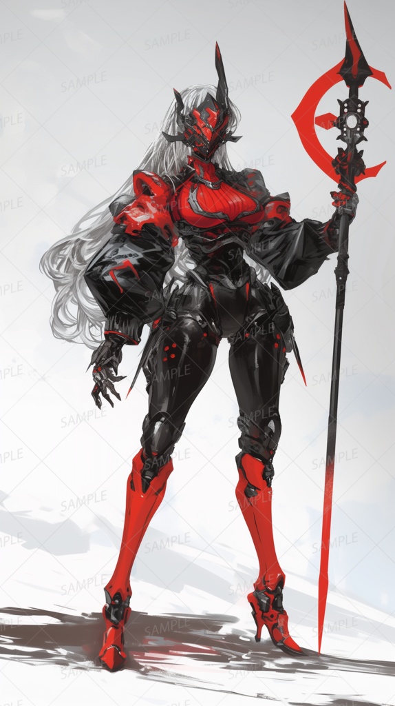 【メカ】ロッドを持つ赤と黒の女性型アンドロイド_立ち絵