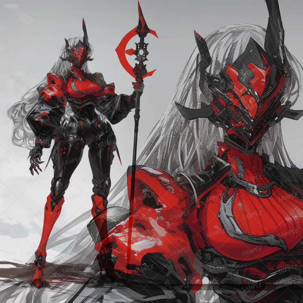 【メカ】ロッドを持つ赤と黒の女性型アンドロイド_立ち絵