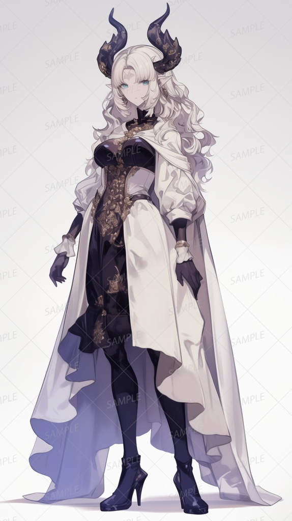 【獣人】白黒の装いの角のあるエルフ女性_立ち絵