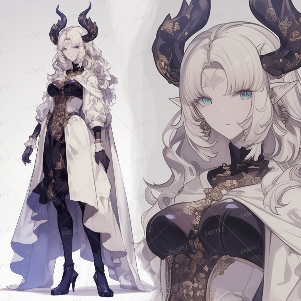 【獣人】白黒の装いの角のあるエルフ女性_立ち絵