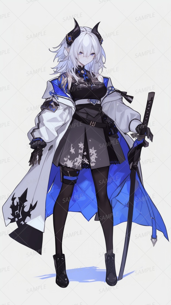 【獣人】刀を持つ角の白髪少女_立ち絵