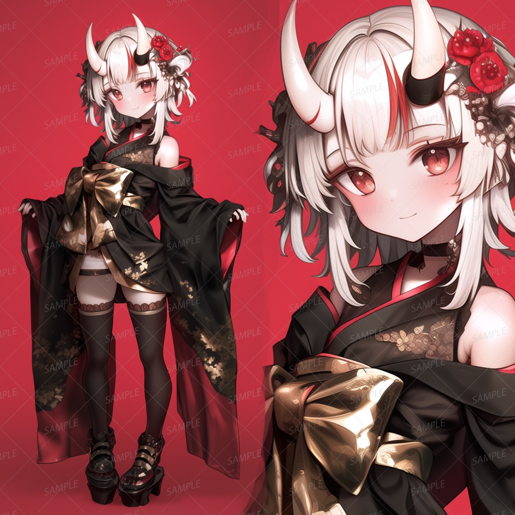 【和風】豪華な着物を着た鬼の少女_立ち絵