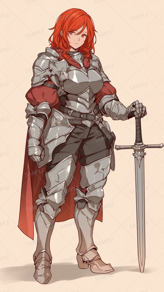 【ファンタジー】剣を立てる赤髪の女騎士_立ち絵