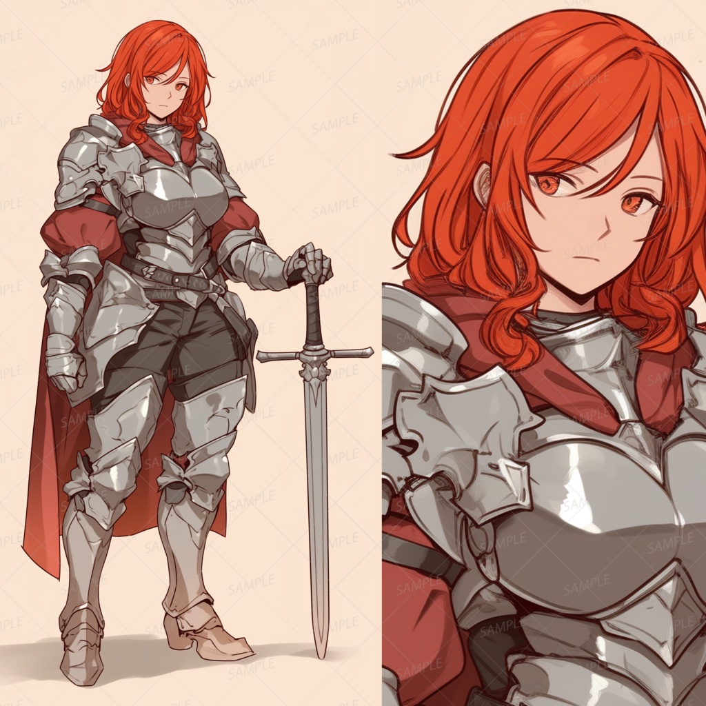 【ファンタジー】剣を立てる赤髪の女騎士_立ち絵