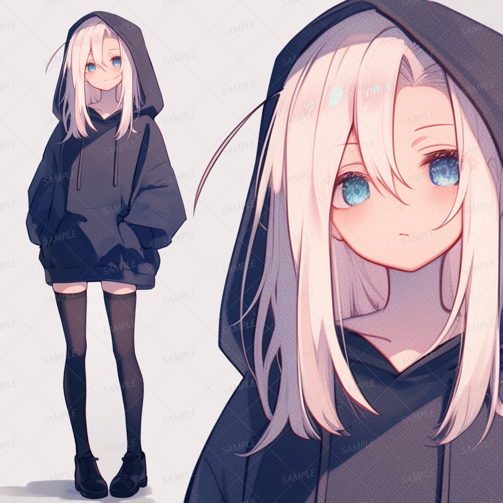 【私服】黒パーカーフードを被ったの白髪少女_立ち絵